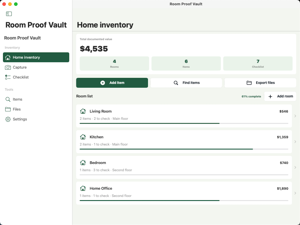 Mac desktop layout showing Room Proof Vault with a sidebar and home inventory workspace.