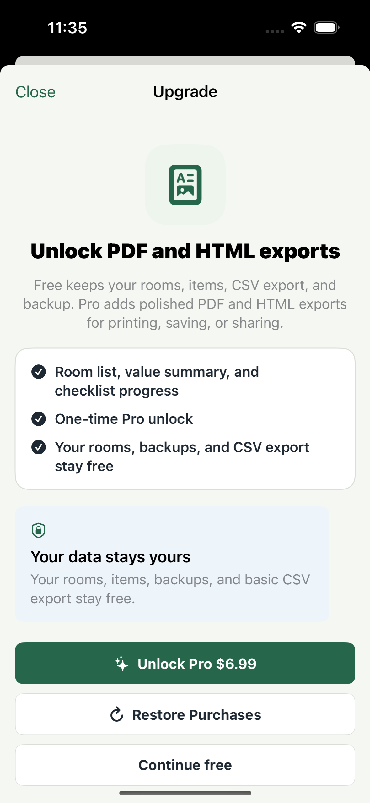 Upgrade screen showing a one-time Pro purchase for PDF and HTML exports.